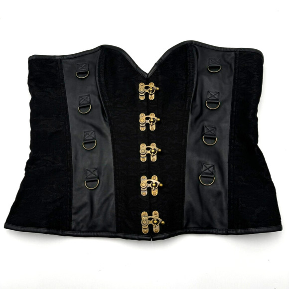 6X Black Steel Boned Steampunk Goth Witch Brocade Floral Leather Overbust Corset - Picture 4 of 14